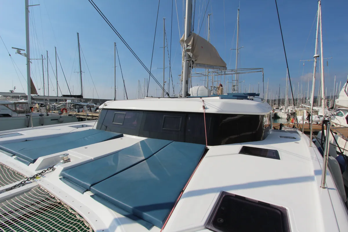 Deck of Lublu, a Dufour Catamaran 48 catamaran at Olbia, Italy