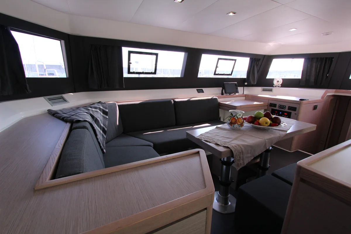Salon of Lublu, a Dufour Catamaran 48 catamaran at Olbia, Italy