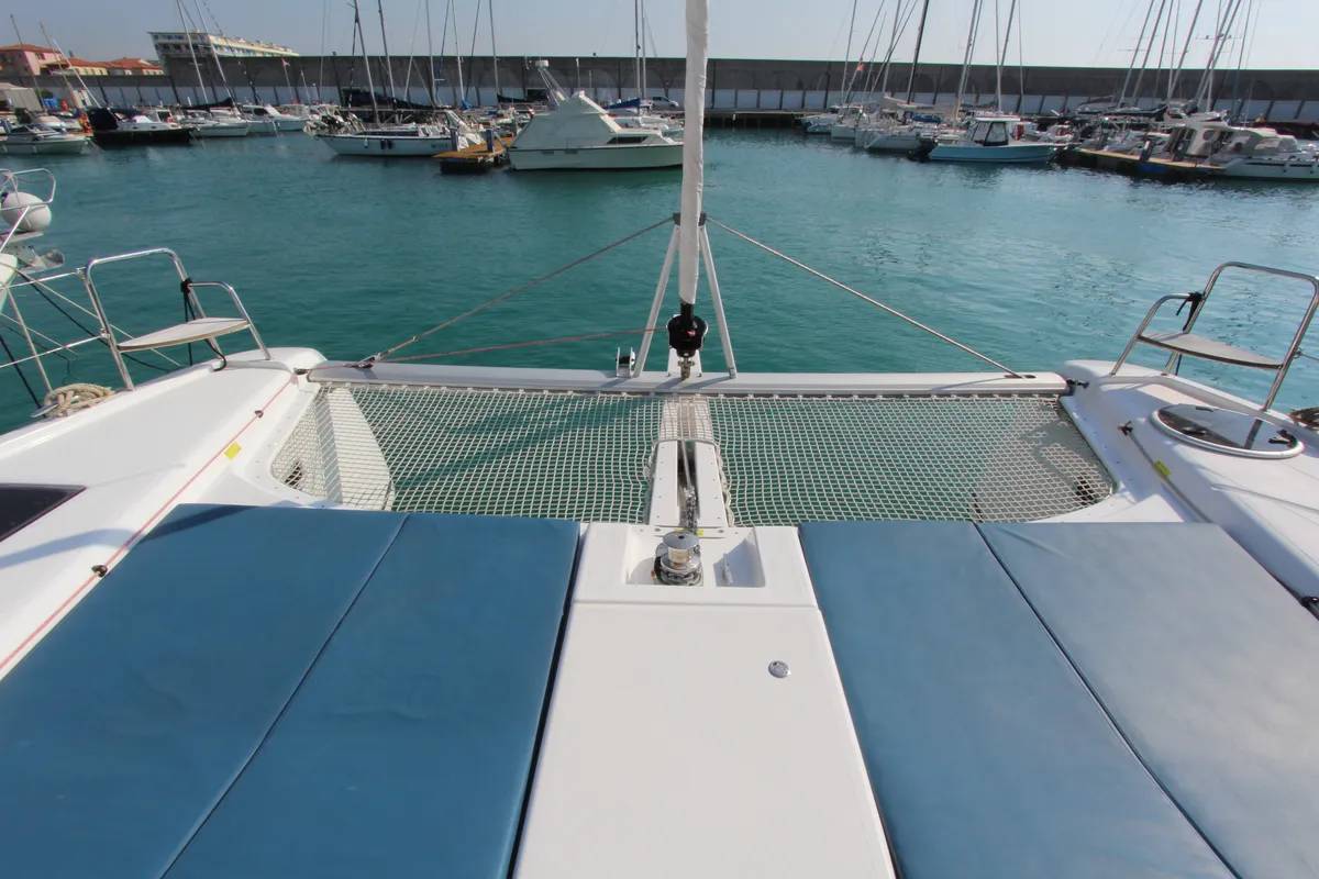 Deck of Lublu, a Dufour Catamaran 48 catamaran at Olbia, Italy