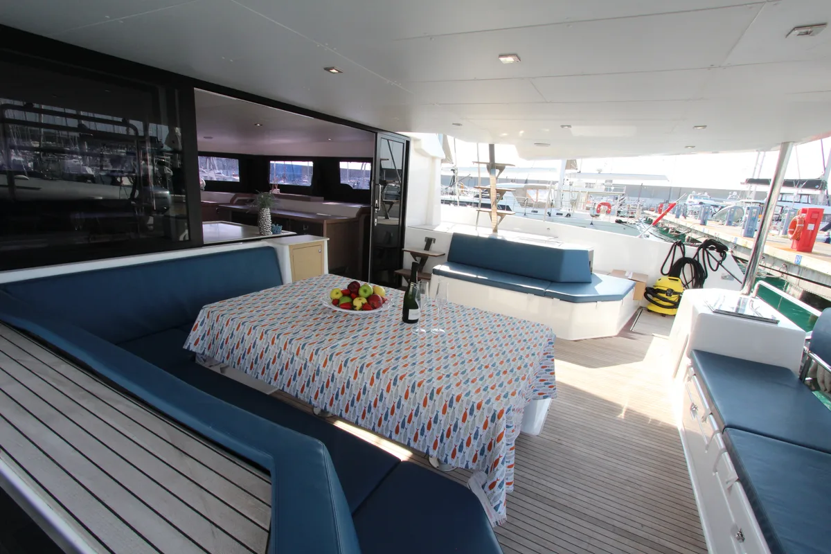 Deck of Lublu, a Dufour Catamaran 48 catamaran at Olbia, Italy