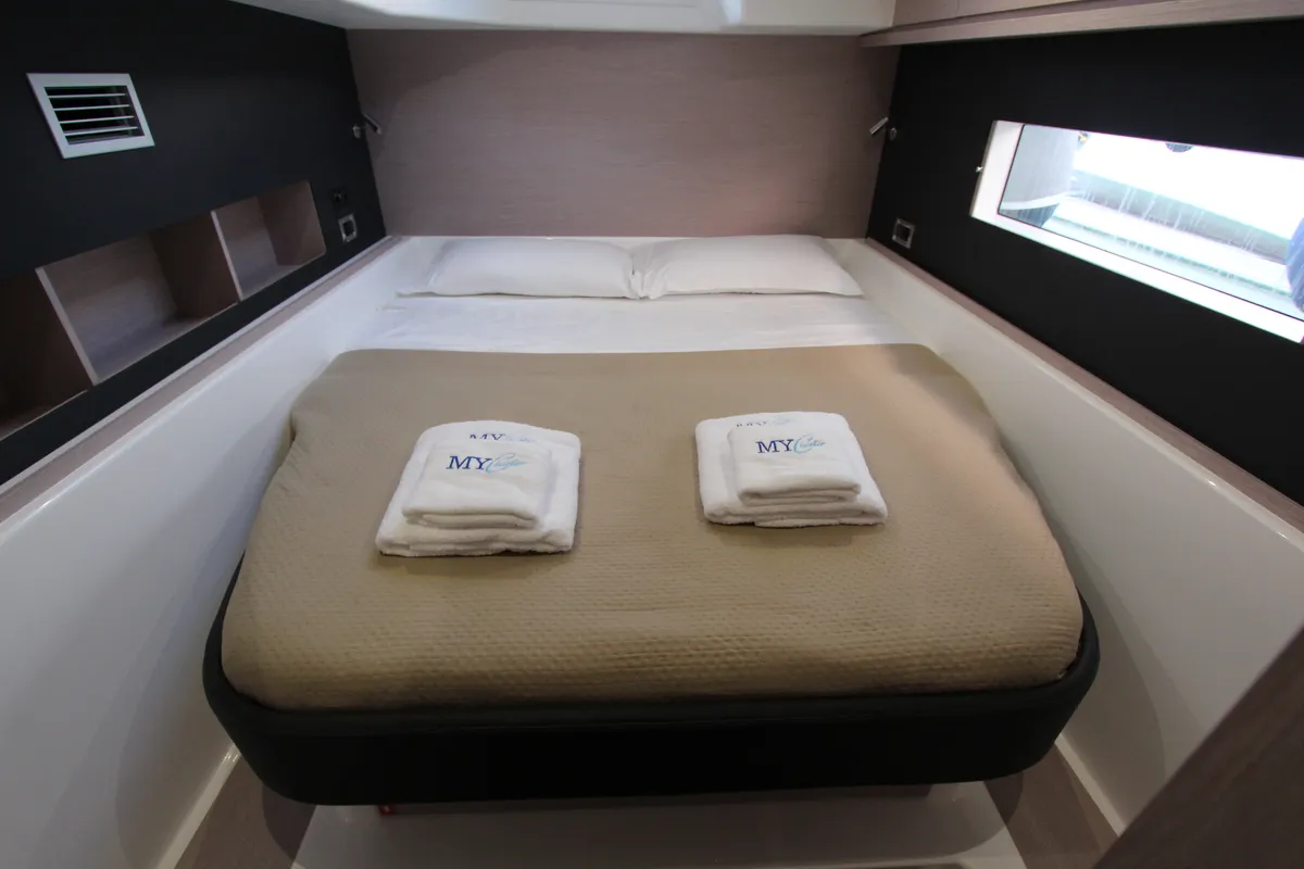 Cabin on Lublu, a Dufour Catamaran 48 catamaran at Olbia, Italy