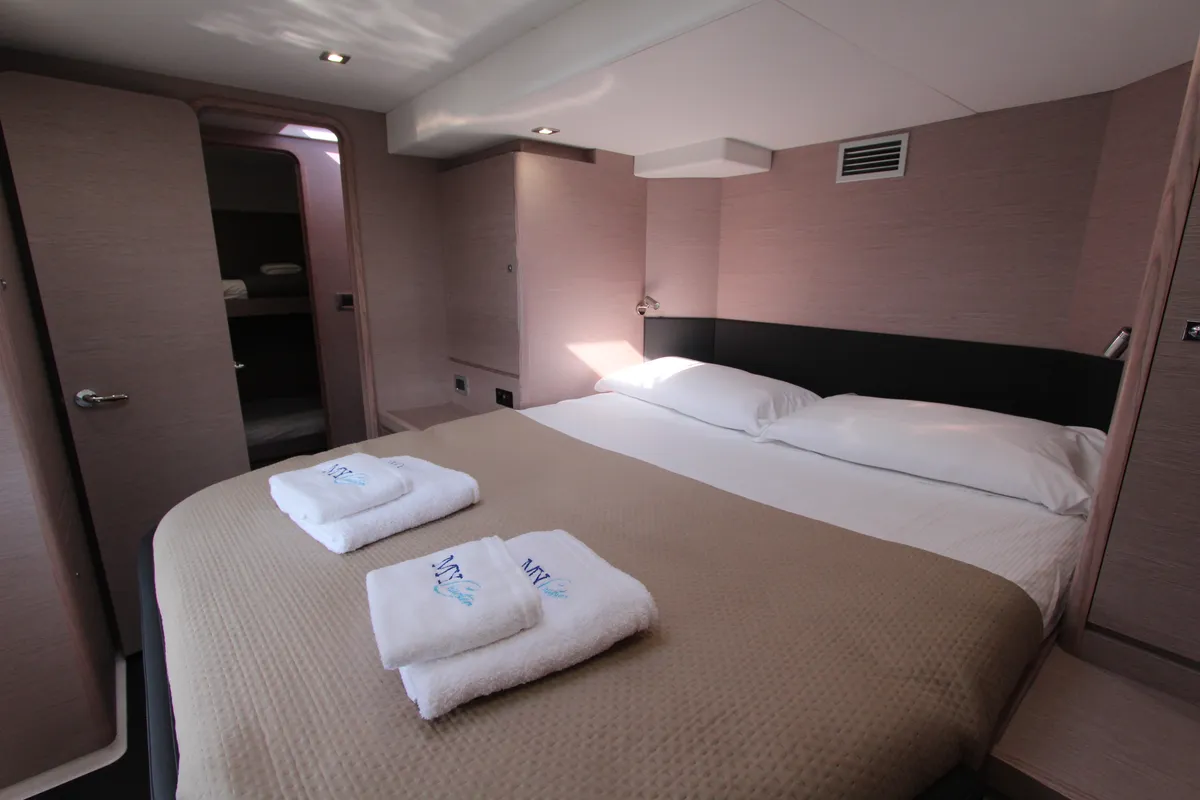 Cabin on Lublu, a Dufour Catamaran 48 catamaran at Olbia, Italy