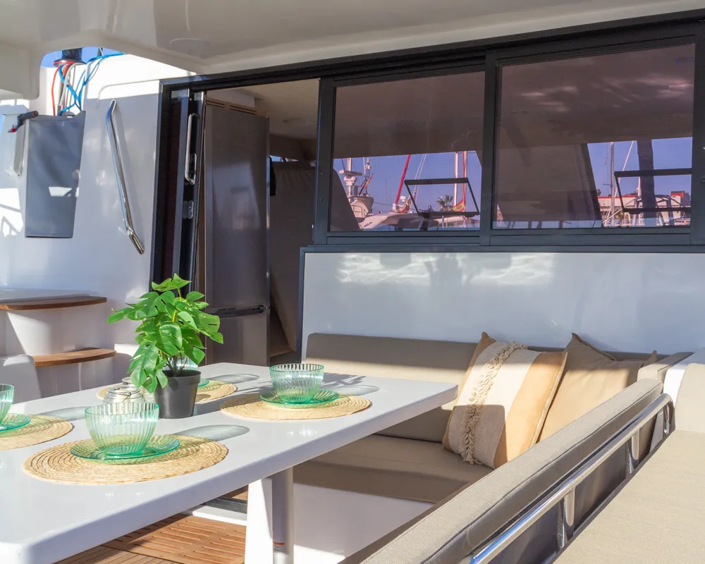Deck of Flor de Ibiza, a Aventura 37 catamaran at Dénia, Spain