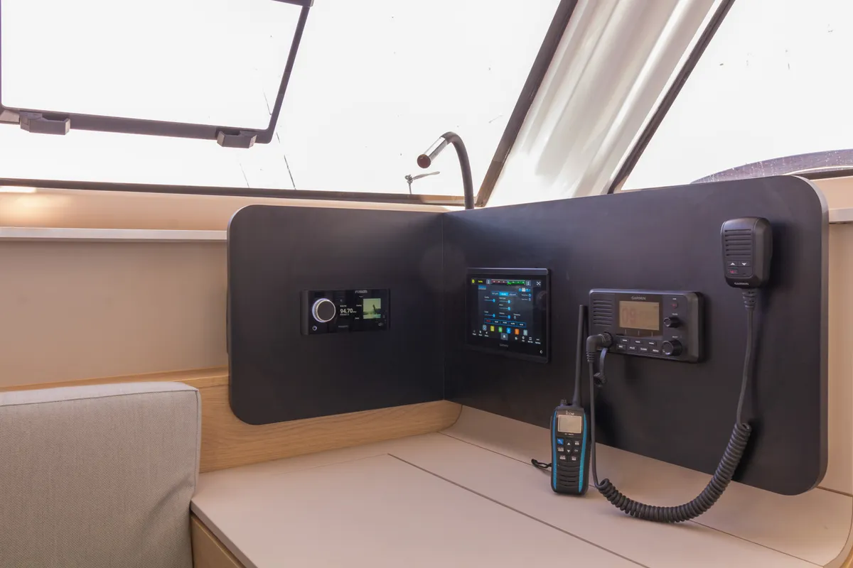Cockpit of Flor de Ibiza, a Aventura 37 catamaran at Dénia, Spain