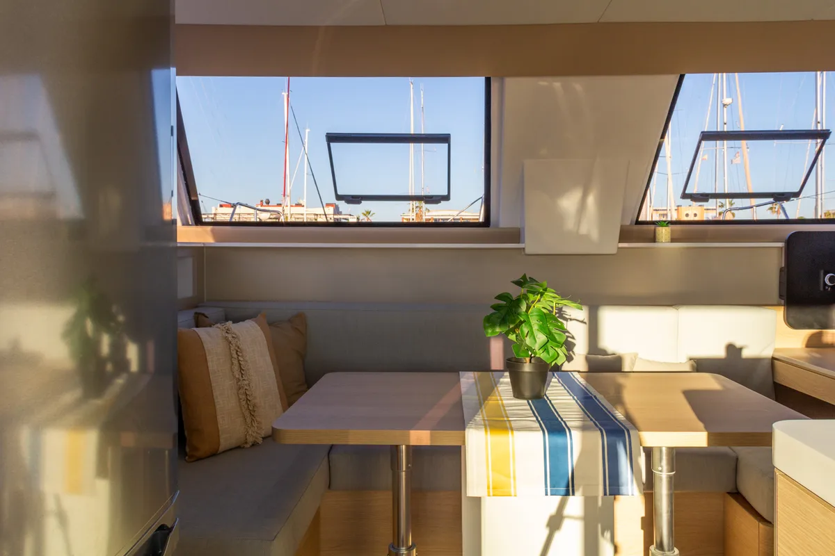 Salon of Flor de Ibiza, a Aventura 37 catamaran at Dénia, Spain