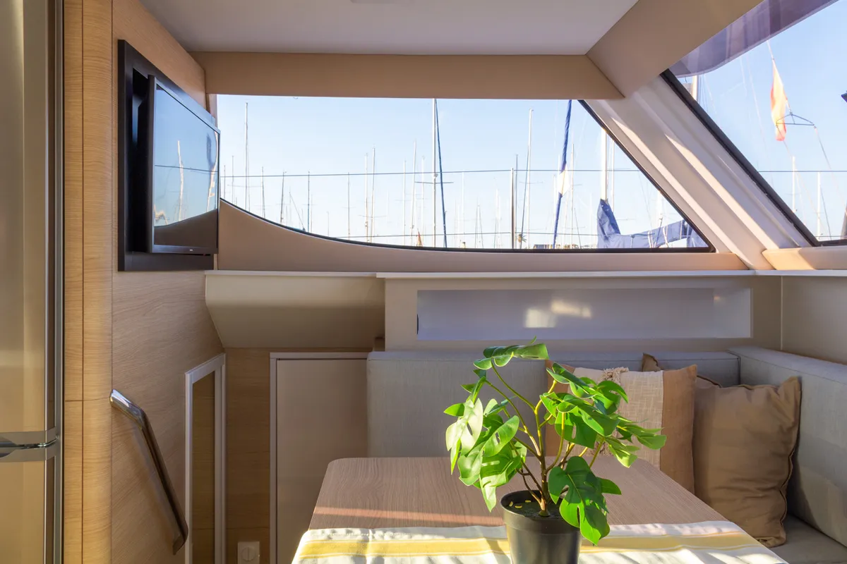 Salon of Flor de Ibiza, a Aventura 37 catamaran at Dénia, Spain