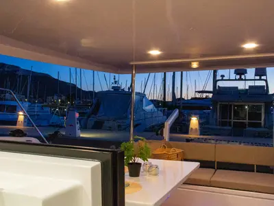 Salon of Flor de Ibiza, a Aventura 37 catamaran at Dénia, Spain