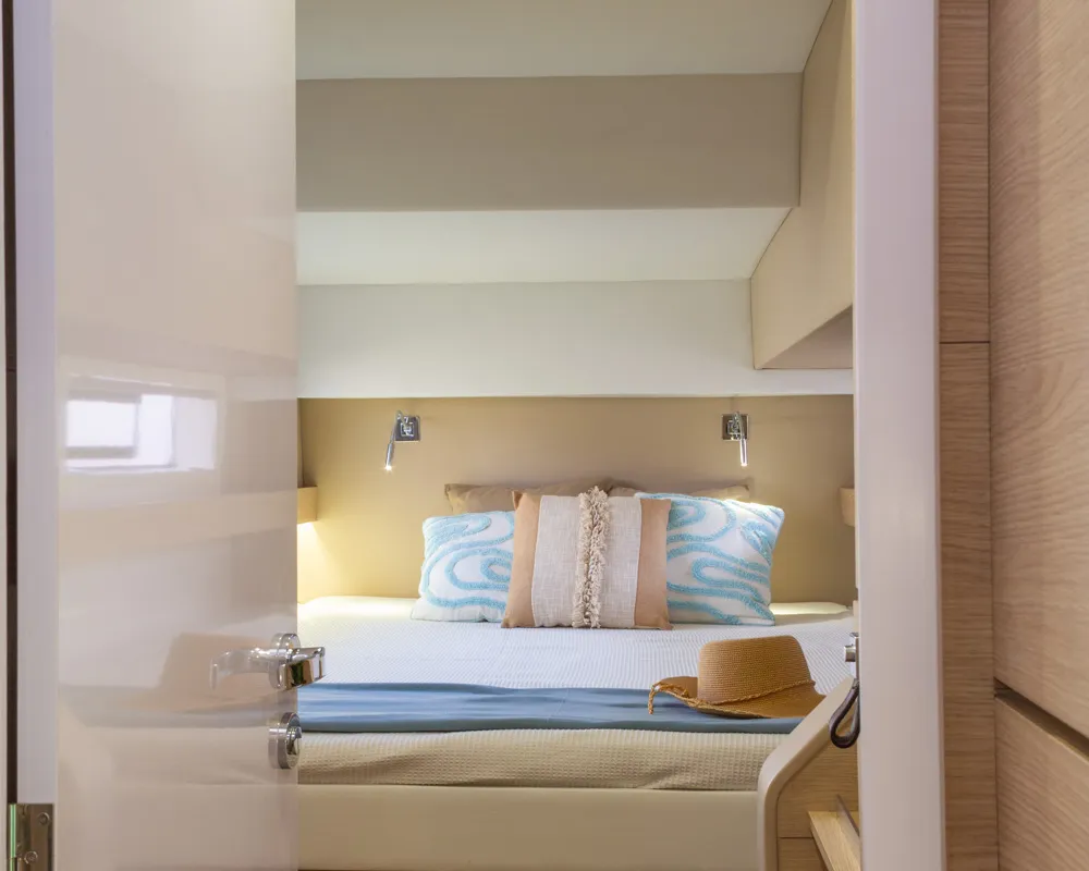 Cabin on Flor de Ibiza, a Aventura 37 catamaran at Dénia, Spain
