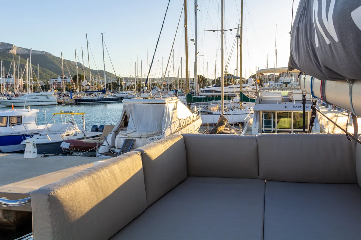 Deck of Flor de Ibiza, a Aventura 37 catamaran at Dénia, Spain
