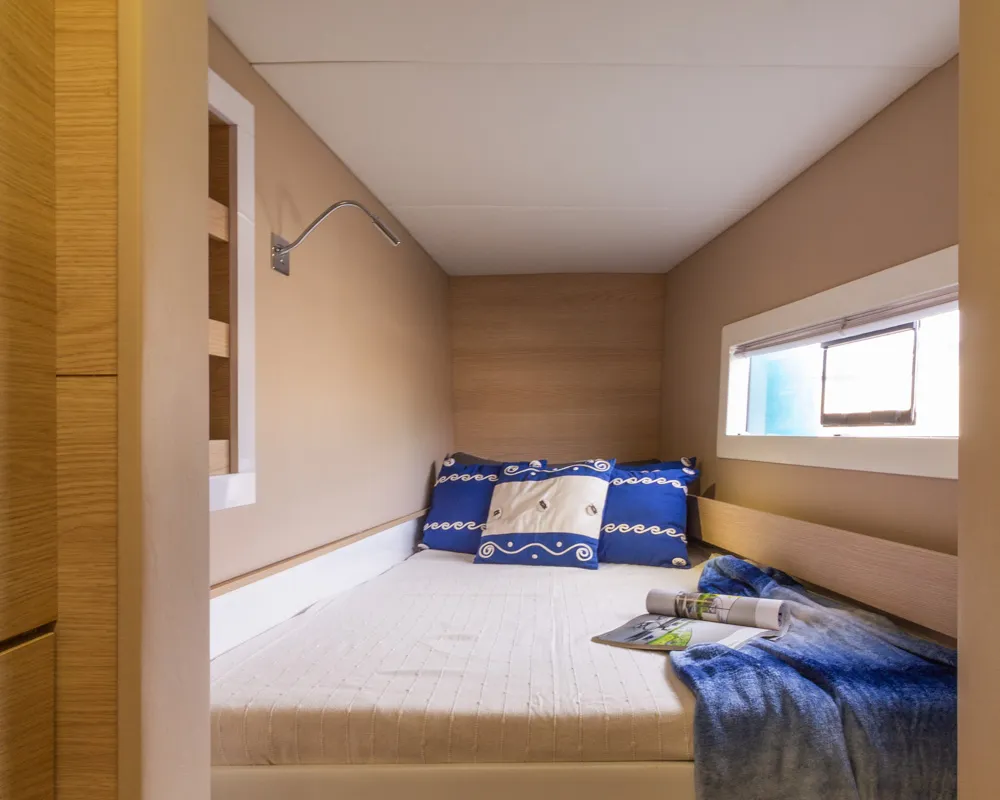Cabin on Flor de Ibiza, a Aventura 37 catamaran at Dénia, Spain