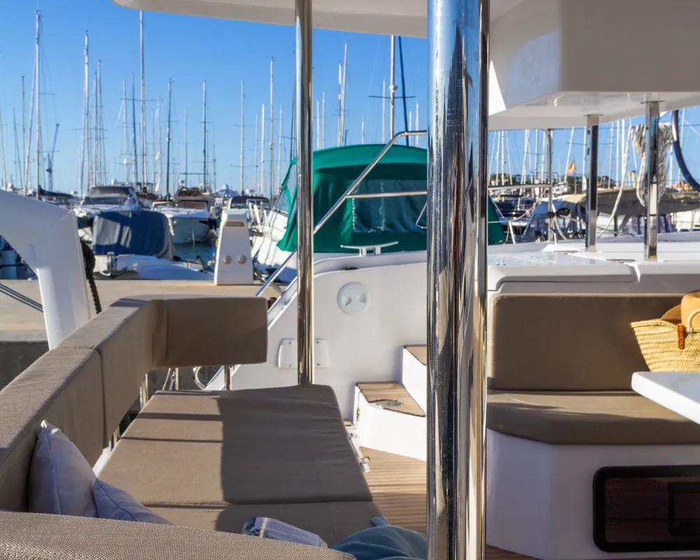 Deck of Flor de Ibiza, a Aventura 37 catamaran at Dénia, Spain