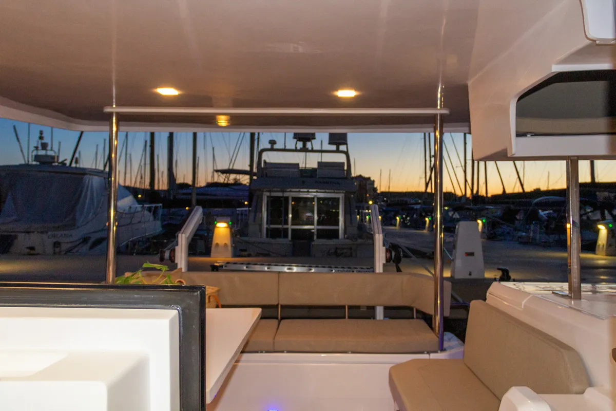 Deck of Flor de Ibiza, a Aventura 37 catamaran at Dénia, Spain