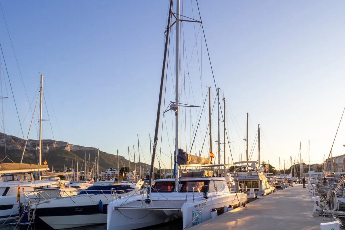 Exterior view of Flor de Ibiza, a Aventura 37 catamaran at Dénia, Spain