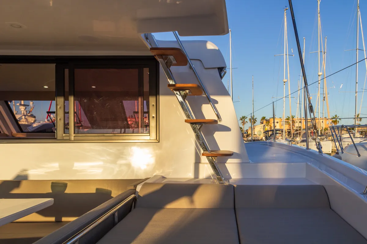 Deck of Flor de Ibiza, a Aventura 37 catamaran at Dénia, Spain