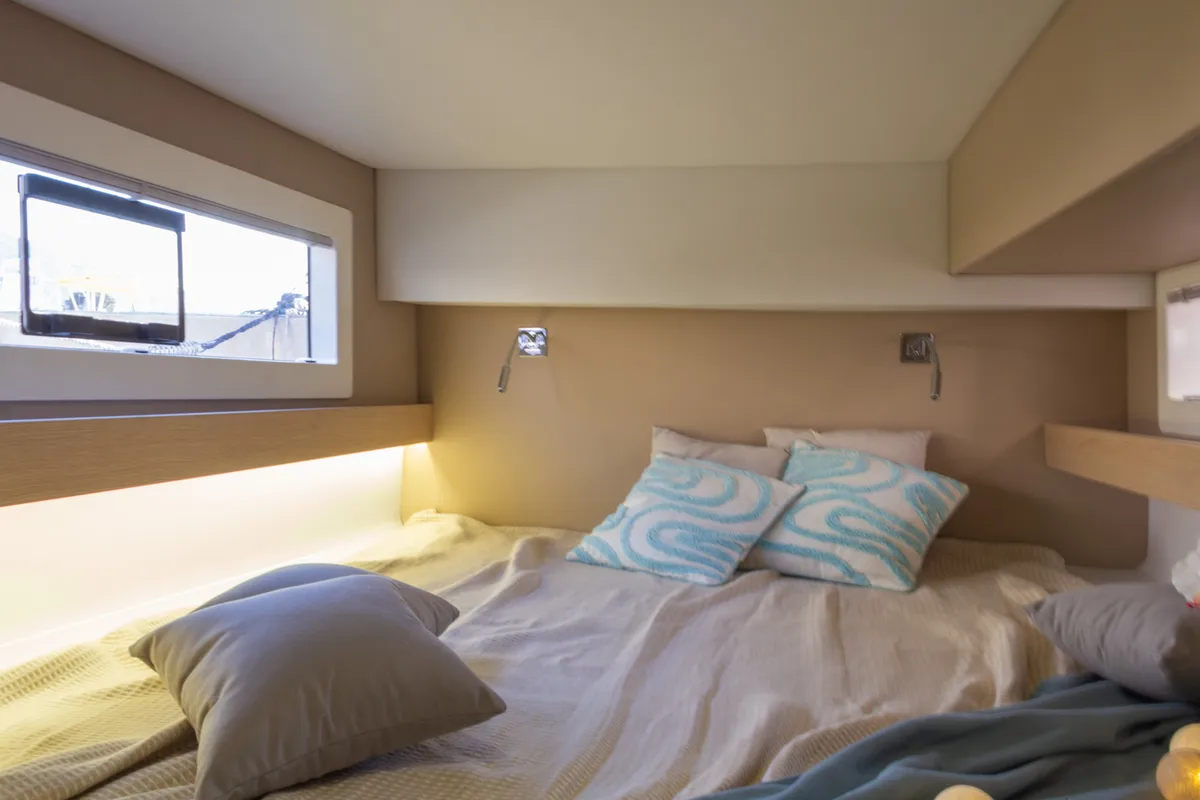 Cabin on Flor de Ibiza, a Aventura 37 catamaran at Dénia, Spain