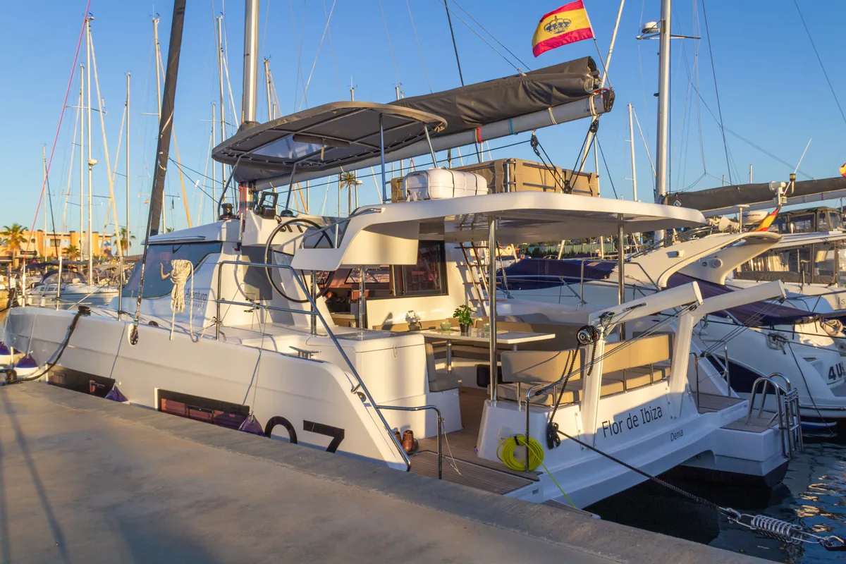 Exterior view of Flor de Ibiza, a Aventura 37 catamaran at Dénia, Spain