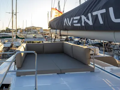 Deck of Flor de Ibiza, a Aventura 37 catamaran at Dénia, Spain