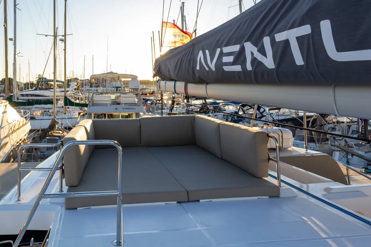 Deck of Flor de Ibiza, a Aventura 37 catamaran at Dénia, Spain