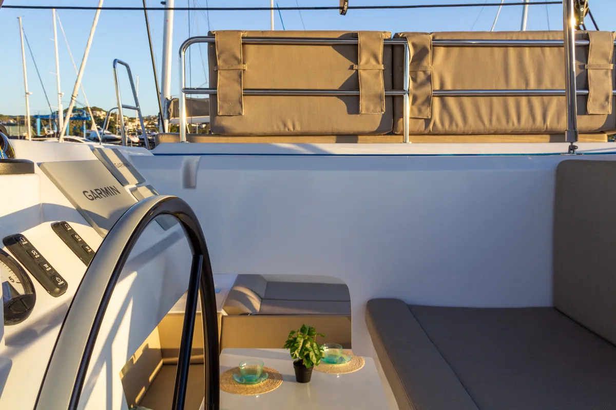 Deck of Flor de Ibiza, a Aventura 37 catamaran at Dénia, Spain
