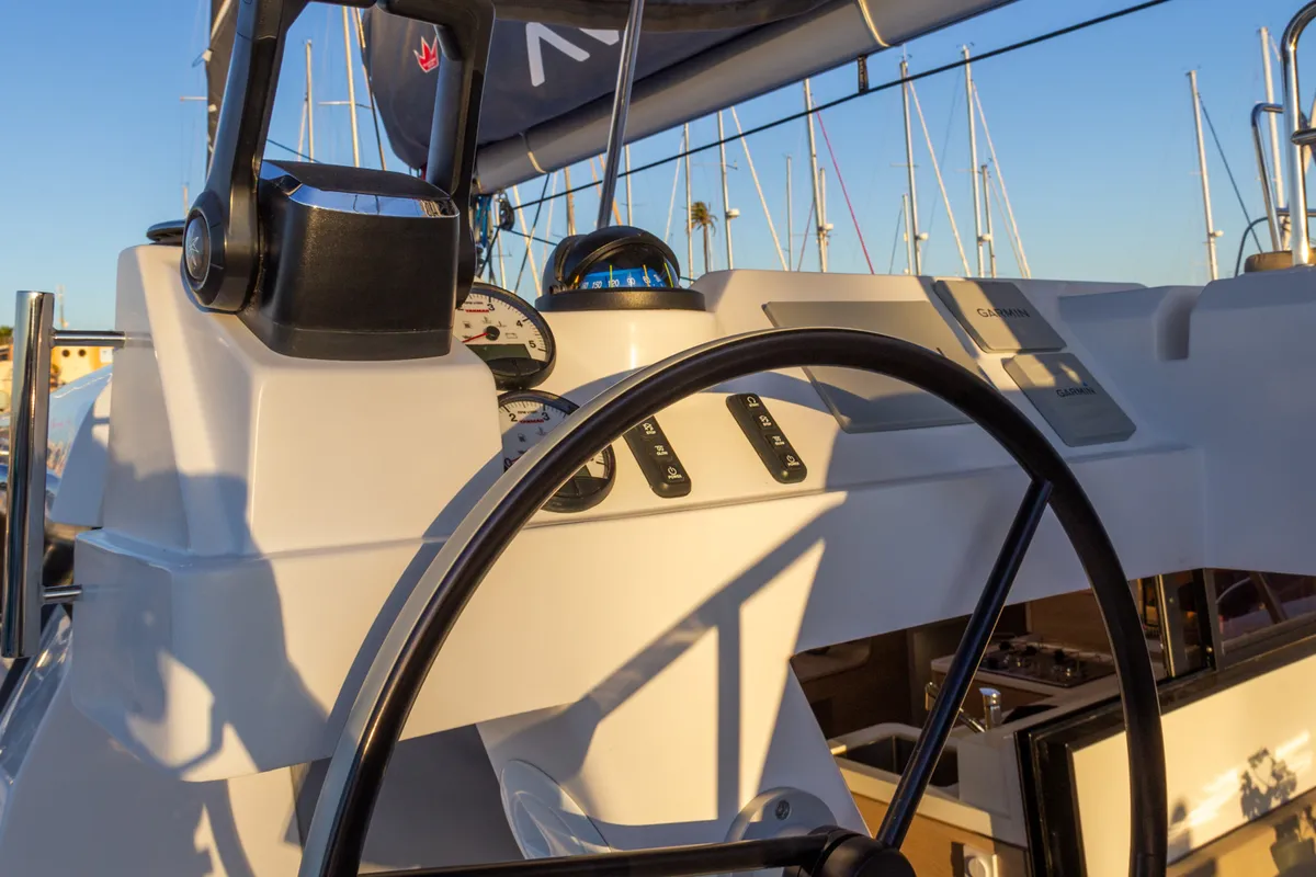 Cockpit of Flor de Ibiza, a Aventura 37 catamaran at Dénia, Spain