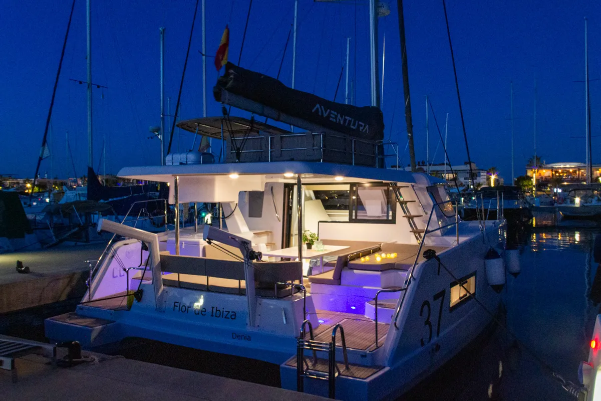 Exterior view of Flor de Ibiza, a Aventura 37 catamaran at Dénia, Spain