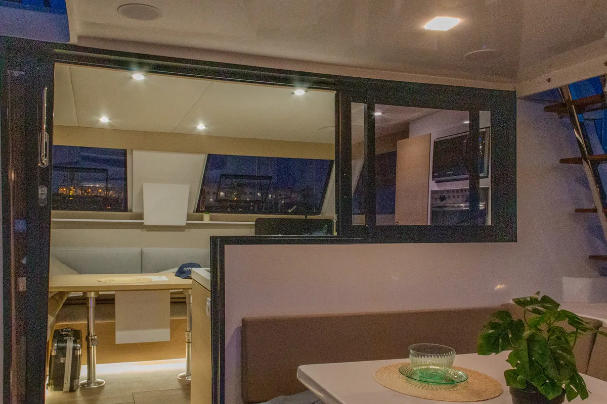 Salon of Flor de Ibiza, a Aventura 37 catamaran at Dénia, Spain
