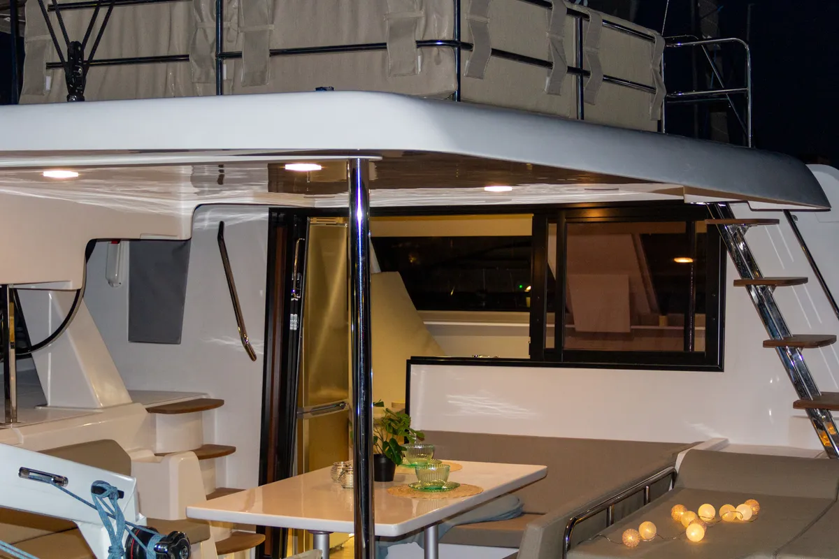 Deck of Flor de Ibiza, a Aventura 37 catamaran at Dénia, Spain