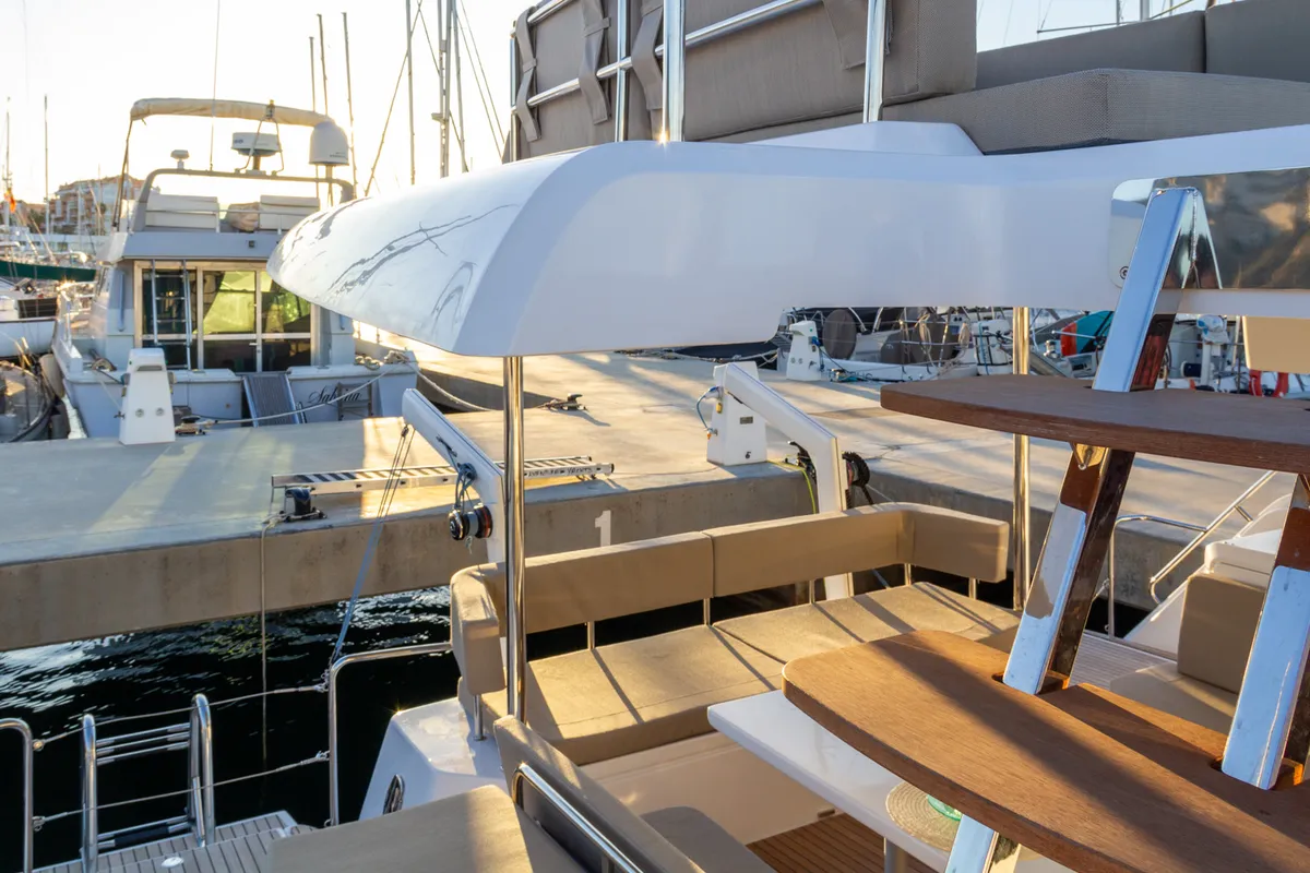 Deck of Flor de Ibiza, a Aventura 37 catamaran at Dénia, Spain