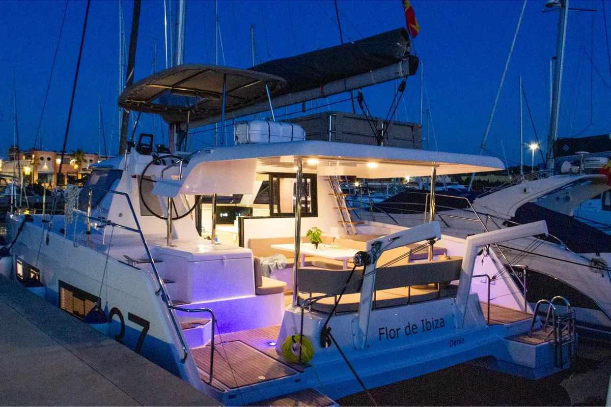 Exterior view of Flor de Ibiza, a Aventura 37 catamaran at Dénia, Spain
