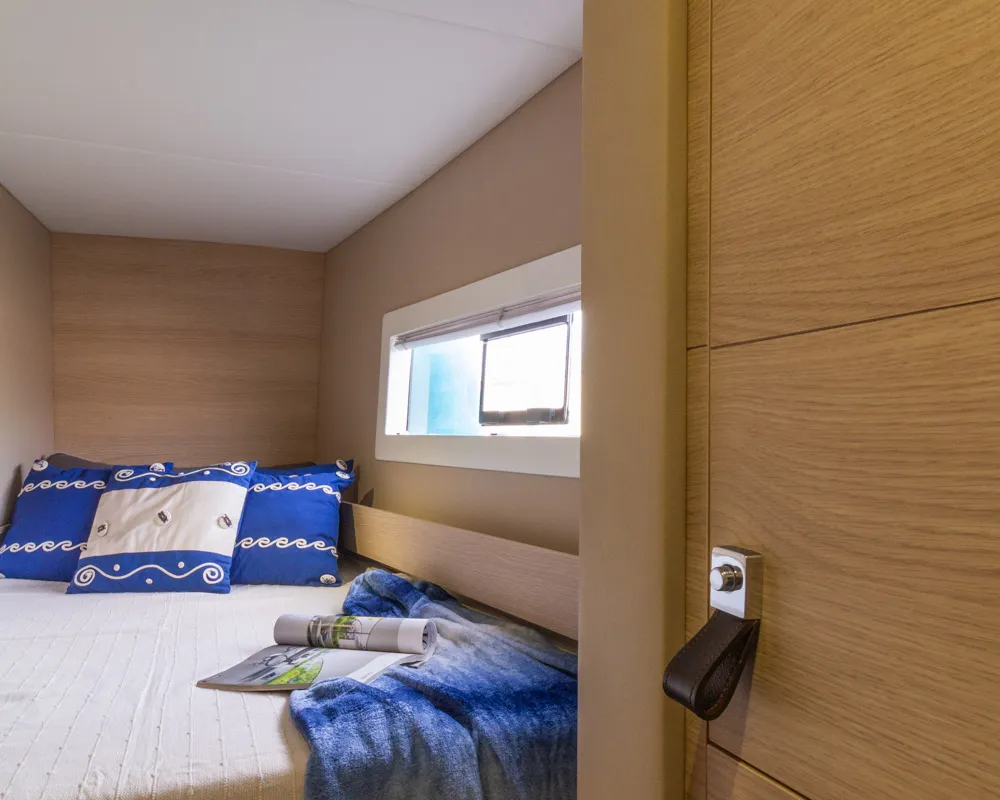 Cabin on Flor de Ibiza, a Aventura 37 catamaran at Dénia, Spain