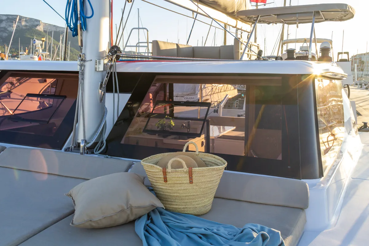 Exterior view of Flor de Ibiza, a Aventura 37 catamaran at Dénia, Spain
