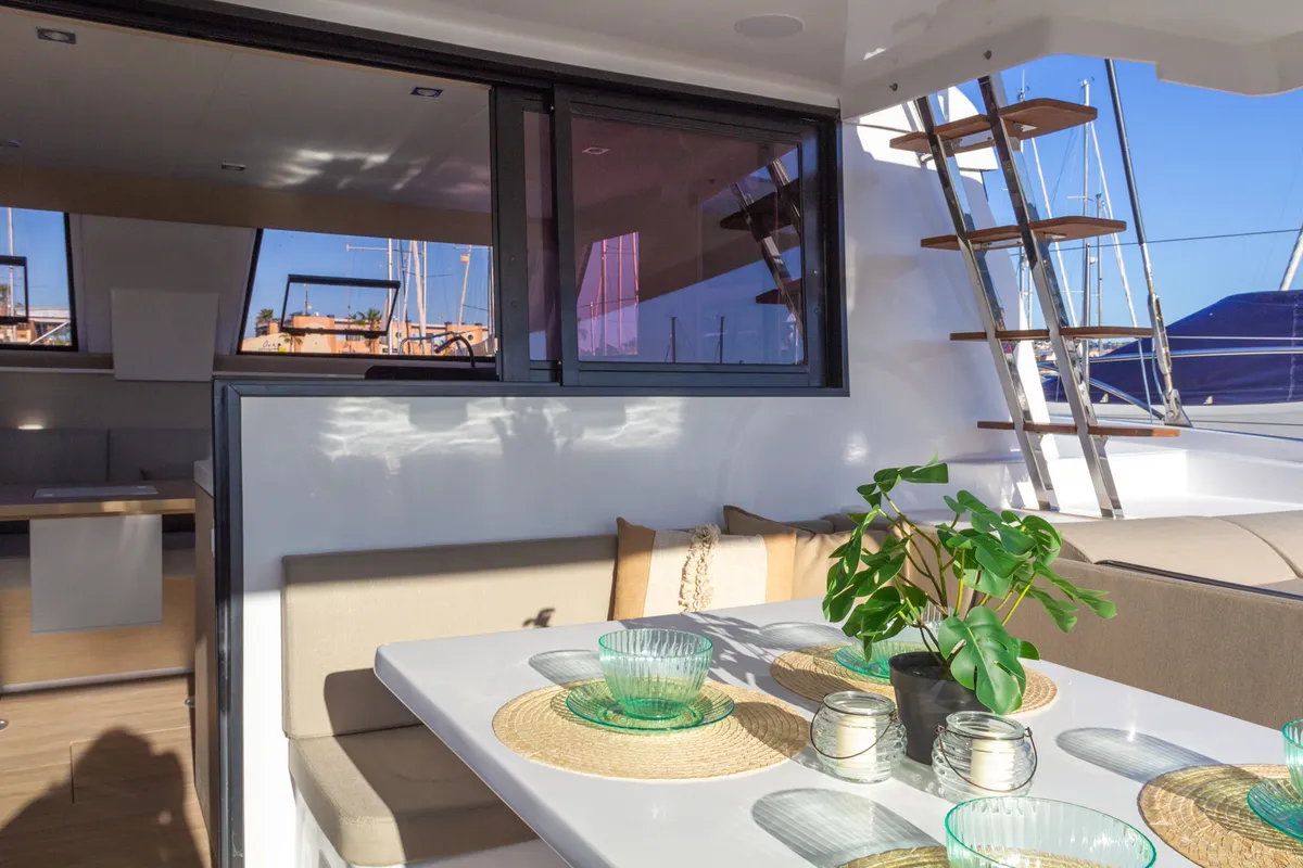 Deck of Flor de Ibiza, a Aventura 37 catamaran at Dénia, Spain
