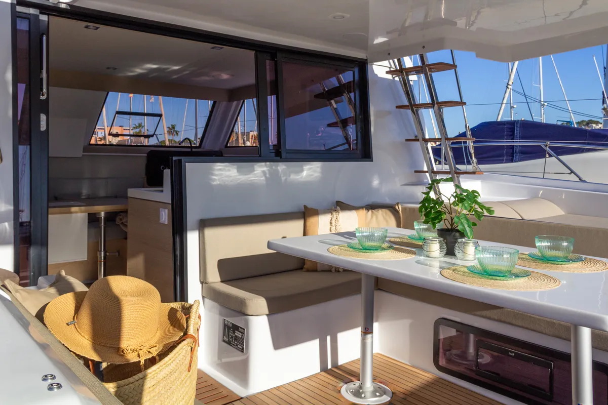 Deck of Flor de Ibiza, a Aventura 37 catamaran at Dénia, Spain