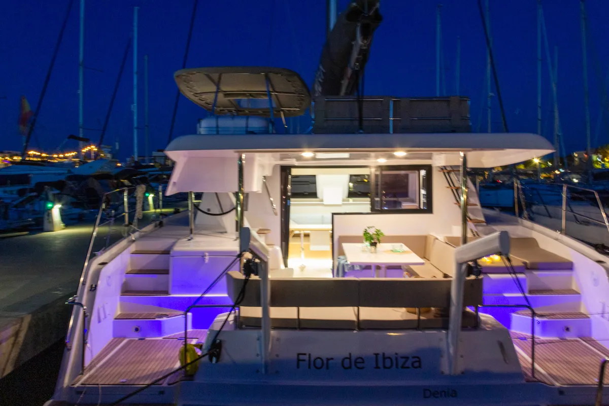 Deck of Flor de Ibiza, a Aventura 37 catamaran at Dénia, Spain