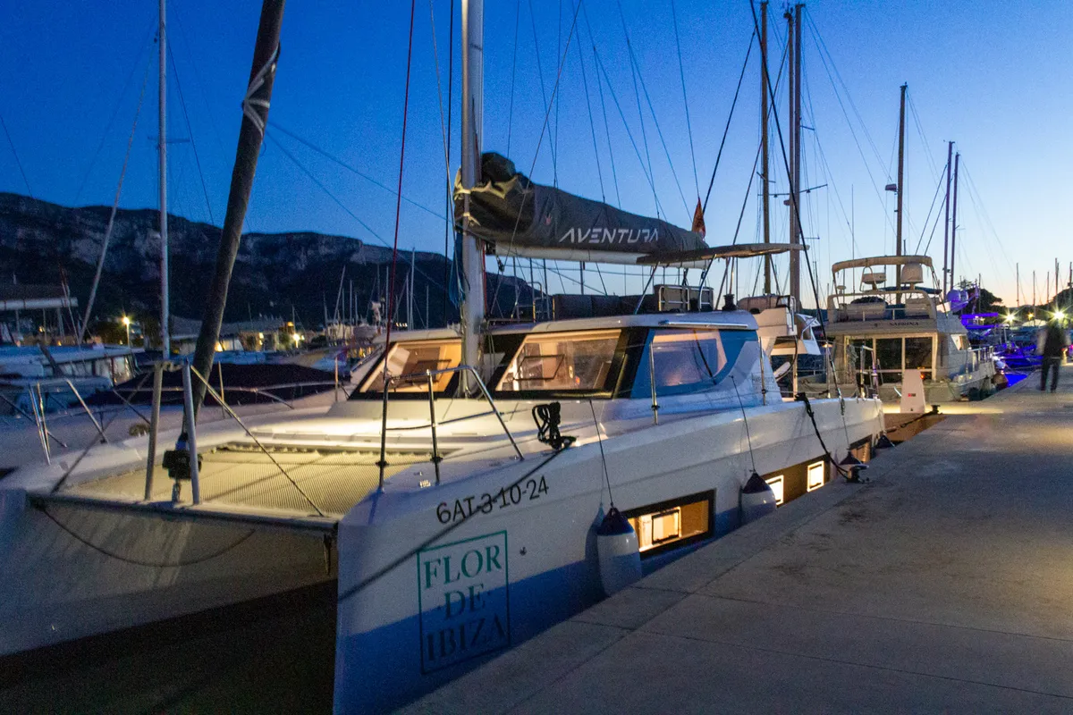 Exterior view of Flor de Ibiza, a Aventura 37 catamaran at Dénia, Spain