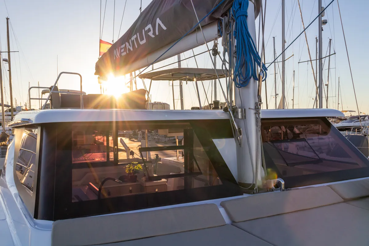 Exterior view of Flor de Ibiza, a Aventura 37 catamaran at Dénia, Spain