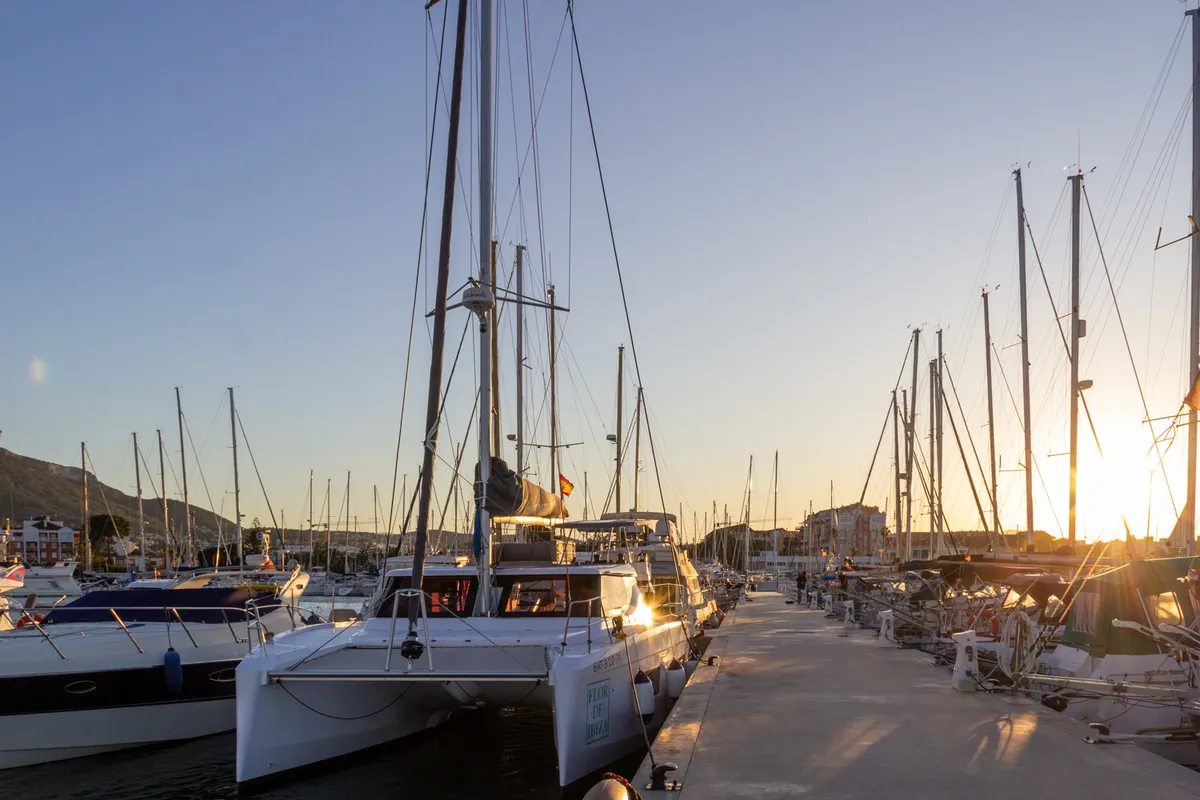 Exterior view of Flor de Ibiza, a Aventura 37 catamaran at Dénia, Spain