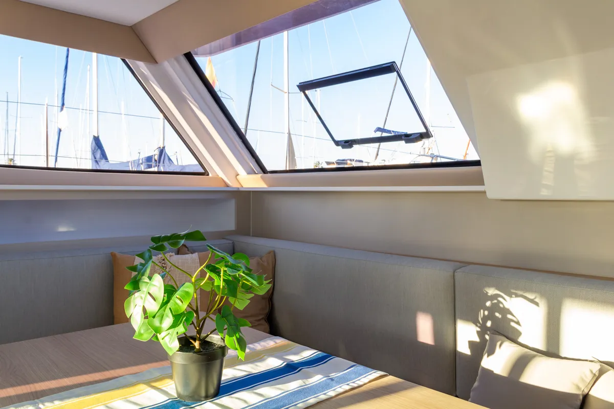 Salon of Flor de Ibiza, a Aventura 37 catamaran at Dénia, Spain