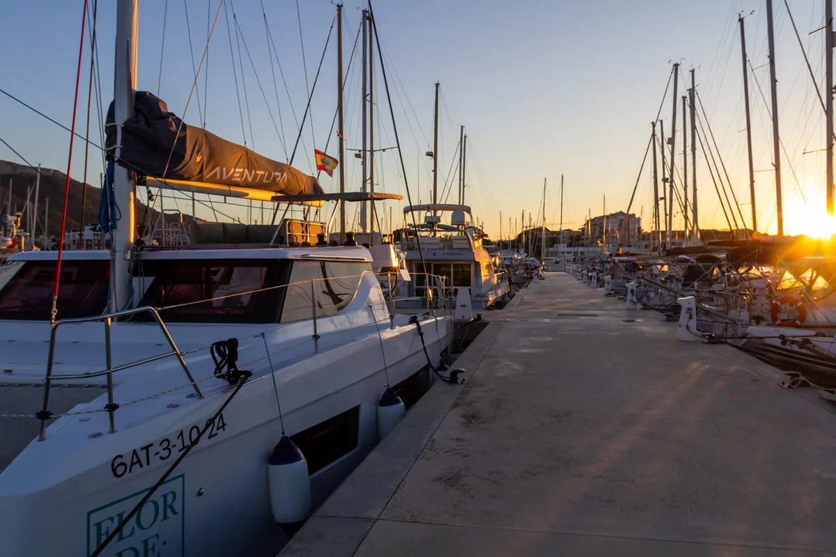 Exterior view of Flor de Ibiza, a Aventura 37 catamaran at Dénia, Spain