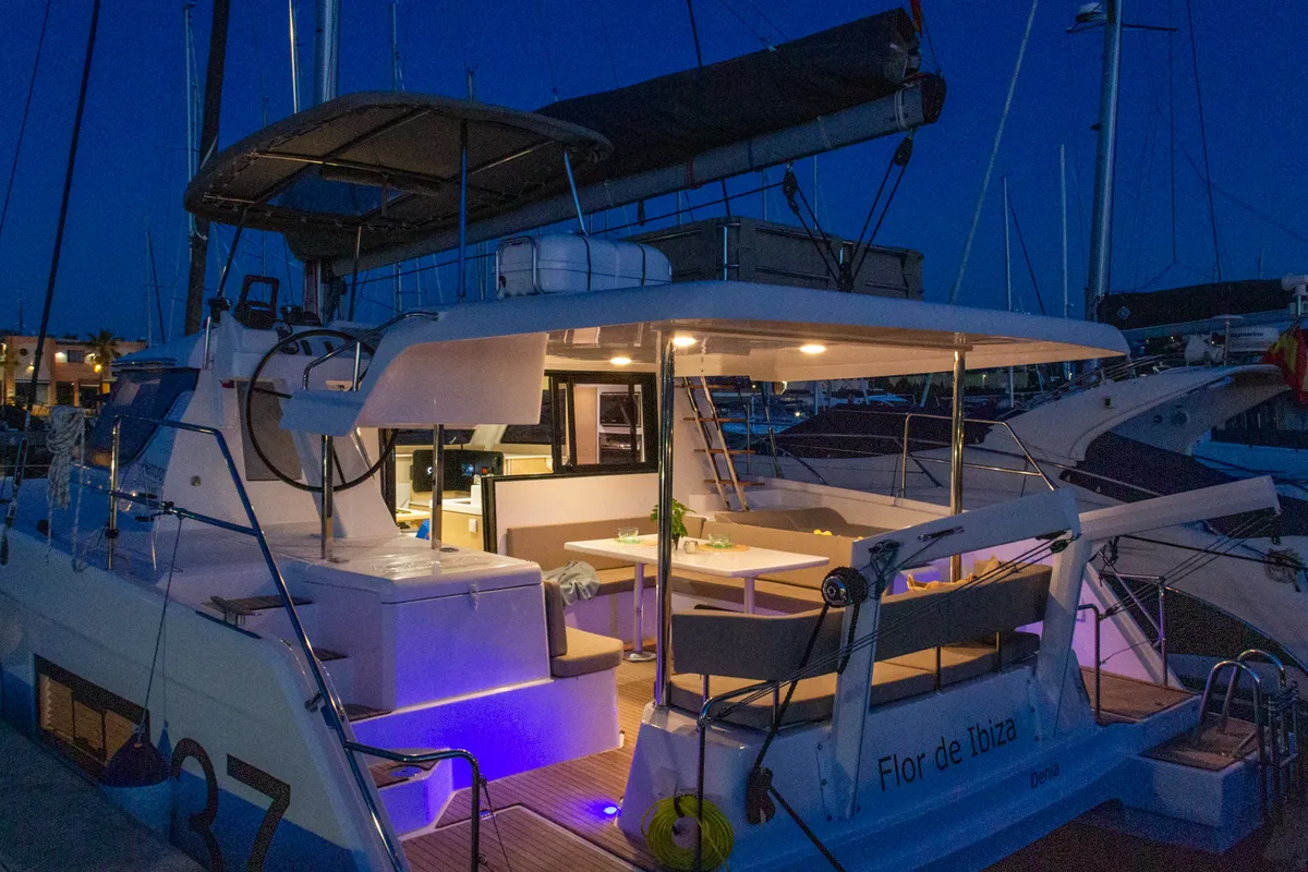 Exterior view of Flor de Ibiza, a Aventura 37 catamaran at Dénia, Spain