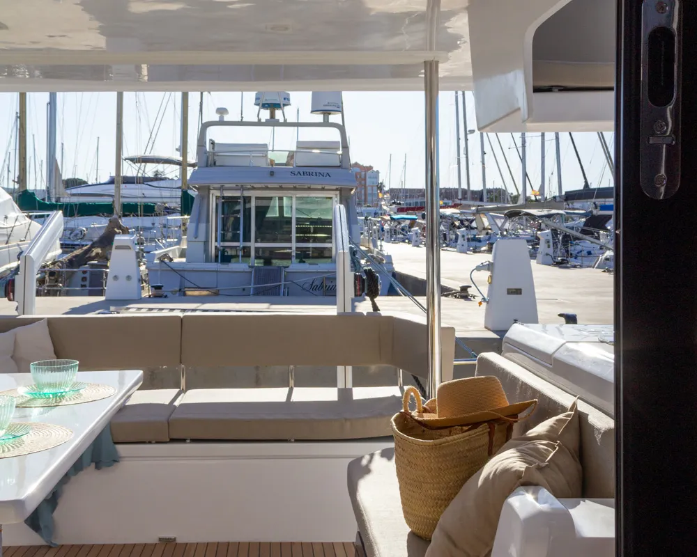 Deck of Flor de Ibiza, a Aventura 37 catamaran at Dénia, Spain