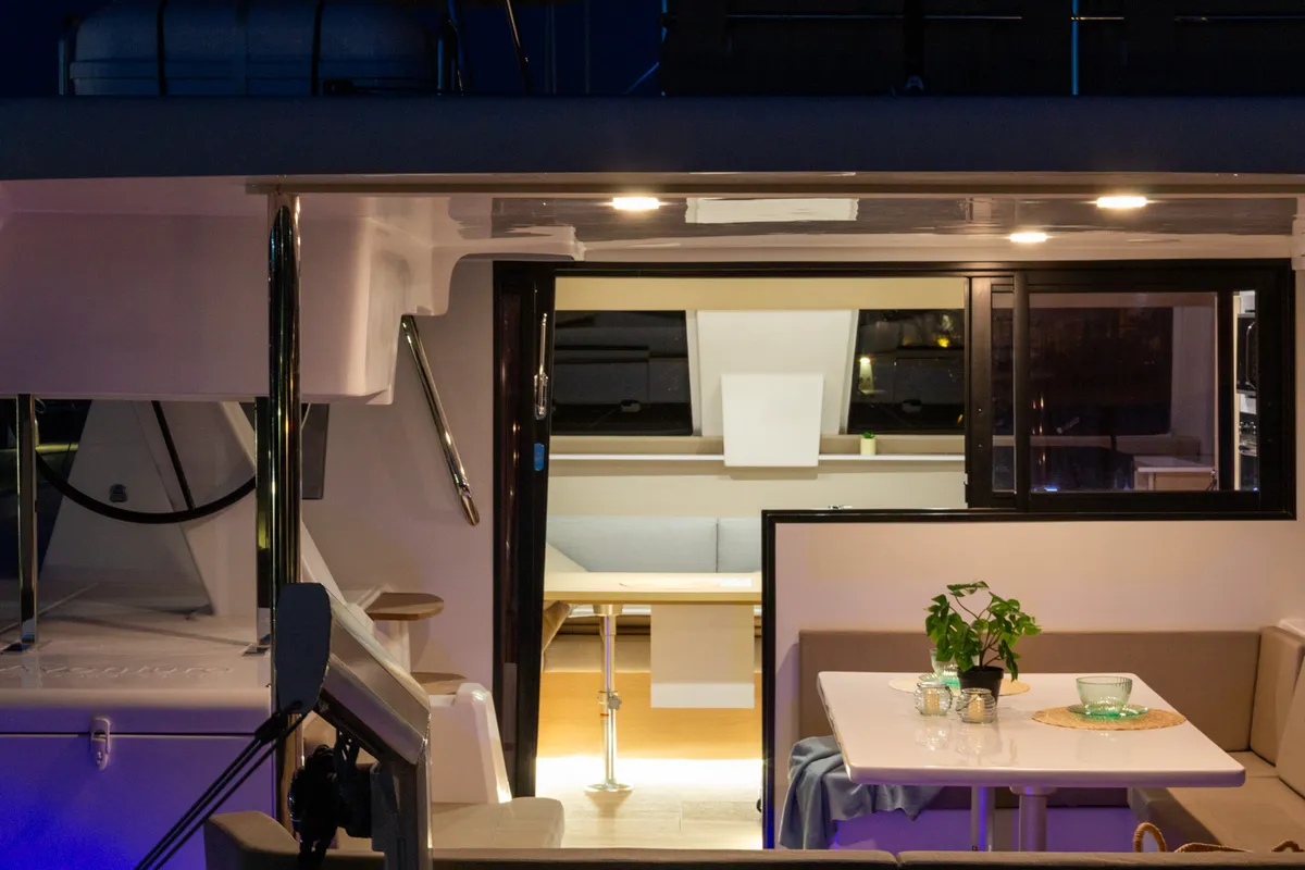 Deck of Flor de Ibiza, a Aventura 37 catamaran at Dénia, Spain