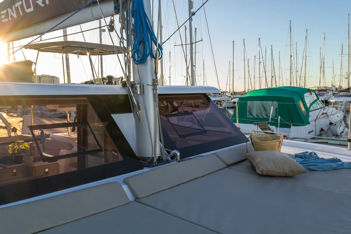 Deck of Flor de Ibiza, a Aventura 37 catamaran at Dénia, Spain