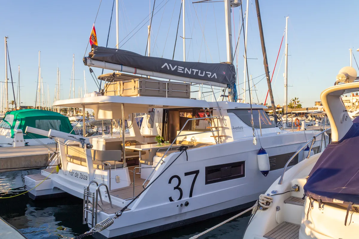 Exterior view of Flor de Ibiza, a Aventura 37 catamaran at Dénia, Spain