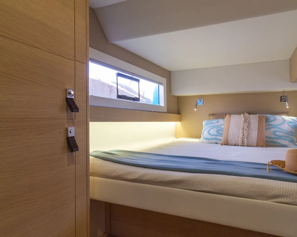 Cabin on Flor de Ibiza, a Aventura 37 catamaran at Dénia, Spain