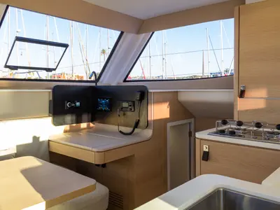 Cockpit of Flor de Ibiza, a Aventura 37 catamaran at Dénia, Spain