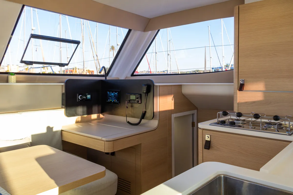 Cockpit of Flor de Ibiza, a Aventura 37 catamaran at Dénia, Spain