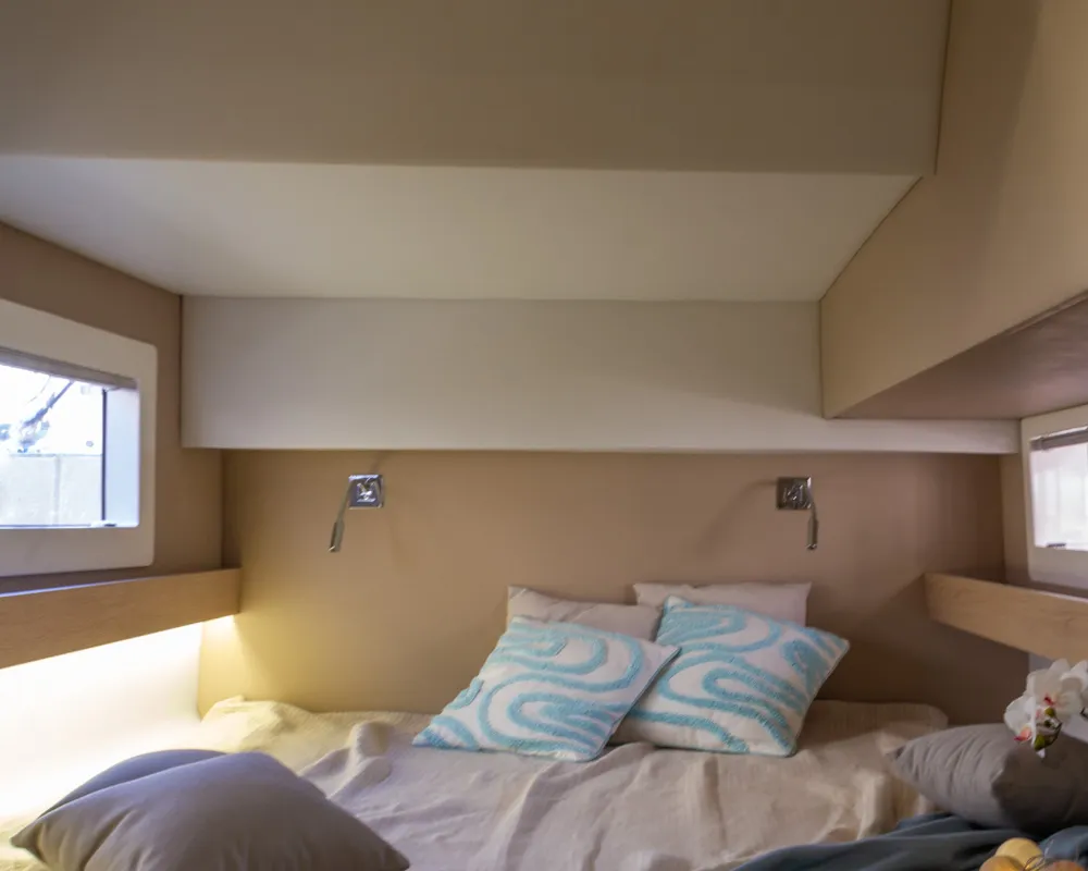 Cabin on Flor de Ibiza, a Aventura 37 catamaran at Dénia, Spain
