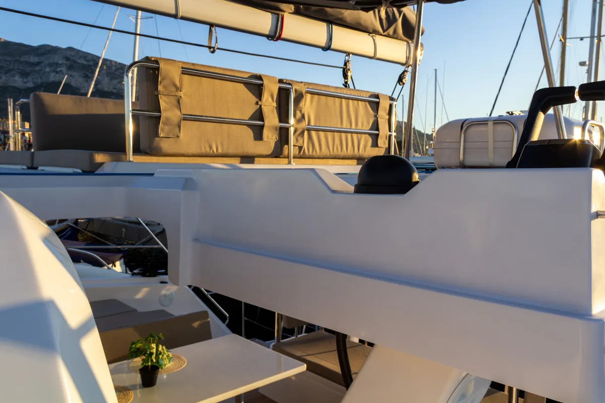 Deck of Flor de Ibiza, a Aventura 37 catamaran at Dénia, Spain