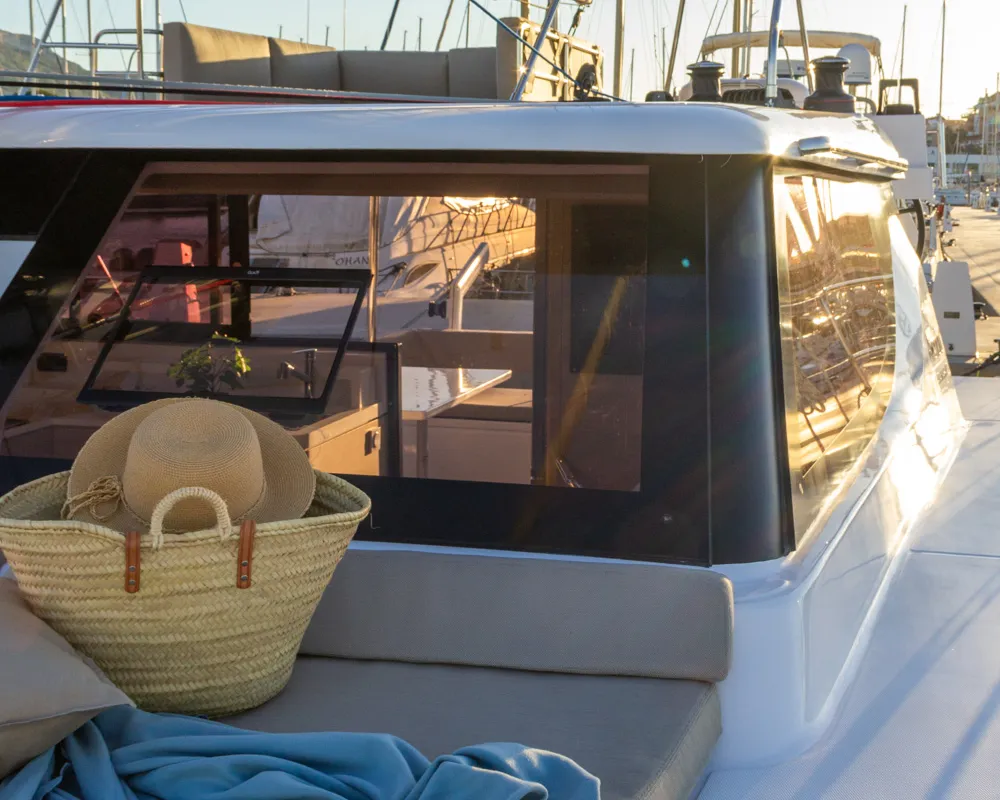 Exterior view of Flor de Ibiza, a Aventura 37 catamaran at Dénia, Spain